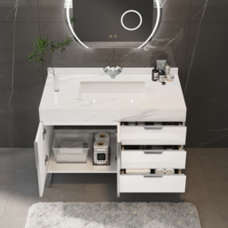 Aro 900mm White Freestanding Ceramics Basin Bathroom Vanity Drawers Faux Marble Top - thumbnail 9