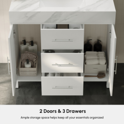 1000mm Freestanding White Bathroom Vanity, Sintered Stone Countertop & Silver Handles - thumbnail 4