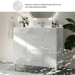 1000mm Freestanding White Bathroom Vanity, Sintered Stone Countertop & Silver Handles - thumbnail 7