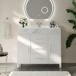 1000mm Freestanding White Bathroom Vanity, Sintered Stone Countertop & Silver Handles - thumbnail 2