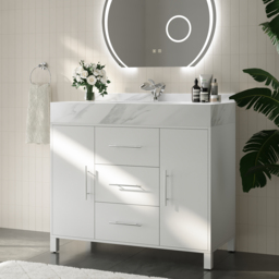 100 cm Freestanding White Bathroom Vanity, Sintered Stone Countertop & Silver Handles
