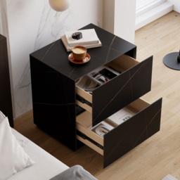 Modern 600mmW Sintered Stone Nightstand 2 Drawer Bedside Table Set of 2 - thumbnail 3