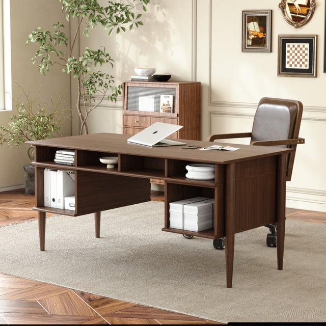 "64"" Mid-century Style Walnut Home Office Desk & Faux Leather Adjustable Office Chair" - image 1