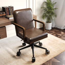 "64"" Mid-century Style Walnut Home Office Desk & Faux Leather Adjustable Office Chair" - thumbnail 4