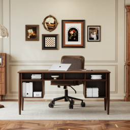 "64"" Mid-century Style Walnut Home Office Desk & Faux Leather Adjustable Office Chair" - thumbnail 2