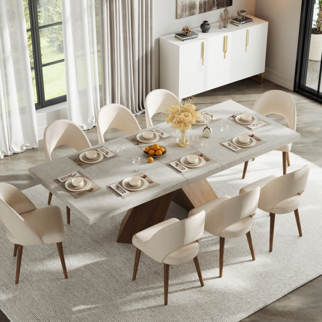 2000mm-2200mm Extendable Gray Dining Table & 8 Japandi Rattan Dining Chairs - image 1