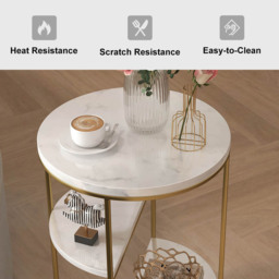 3-Tiered White & Gold End Table with Shelf Sintered Stone Top & Metal Frame Side Table - thumbnail 9