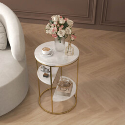 3-Tiered White & Gold End Table with Shelf Sintered Stone Top & Metal Frame Side Table - thumbnail 2