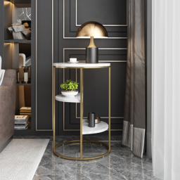 3-Tiered White & Gold End Table with Shelf Sintered Stone Top & Metal Frame Side Table - thumbnail 3