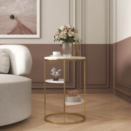 3-Tiered White & Gold End Table with Shelf Sintered Stone Top & Metal Frame Side Table - thumbnail 5