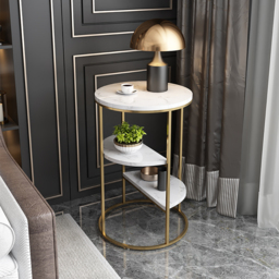 3-Tiered White & Gold End Table with Shelf Sintered Stone Top & Metal Frame Side Table - thumbnail 1