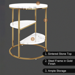 3-Tiered White & Gold End Table with Shelf Sintered Stone Top & Metal Frame Side Table - thumbnail 8