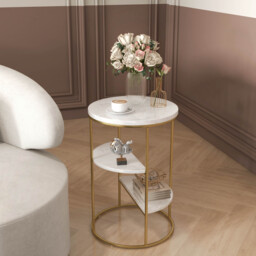 3-Tiered White & Gold End Table with Shelf Sintered Stone Top & Metal Frame Side Table - thumbnail 4