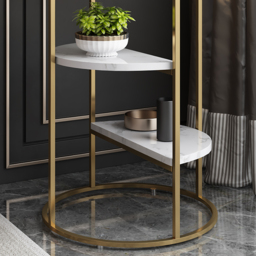 3-Tiered White & Gold End Table with Shelf Sintered Stone Top & Metal Frame Side Table - thumbnail 6