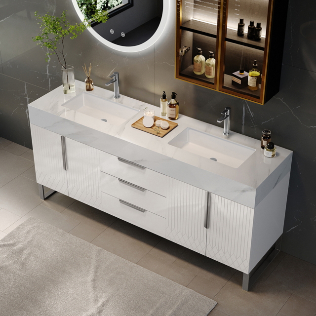 Aro 1500mm White Double Basin Freestanding Bathroom Vanity Drawers Faux Marble Top - image 1