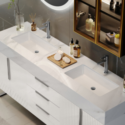Aro 1500mm White Double Basin Freestanding Bathroom Vanity Drawers Faux Marble Top - thumbnail 7