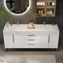 Aro 1500mm White Double Basin Freestanding Bathroom Vanity Drawers Faux Marble Top - thumbnail 2
