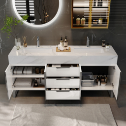Aro 1500mm White Double Basin Freestanding Bathroom Vanity Drawers Faux Marble Top - thumbnail 3