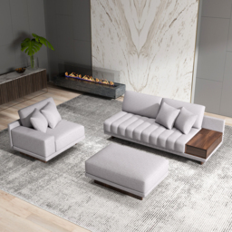320 cm L-Shaped Grey Cotton Linen Modular Sectional Sofa with Ottoman for Living Room - thumbnail 2