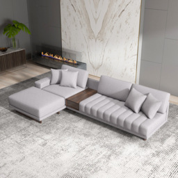 320 cm L-Shaped Grey Cotton Linen Modular Sectional Sofa with Ottoman for Living Room