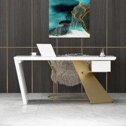 Cabstract Modern White & Gold Office Desk Writing Desk with Drawer Computer Desk (1600mm) - thumbnail 2