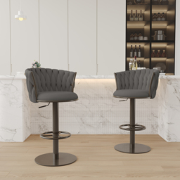 Sweave Set of 2 Grey Swivel Bar Stools Velvet Curved Back Adjustable Height - thumbnail 1