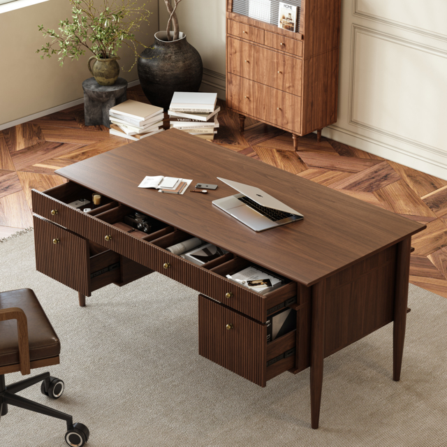 Mid-Century Solid Wood Home Office Desk with 6 Drawers Walnut Executive Writing Desk (160 cm) - image 1
