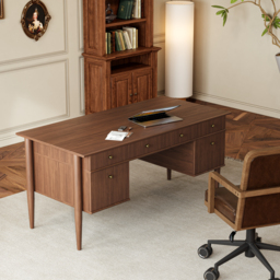 Mid-Century Solid Wood Home Office Desk with 6 Drawers Walnut Executive Writing Desk (160 cm) - thumbnail 3