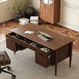Mid-Century Solid Wood Home Office Desk with 6 Drawers Walnut Executive Writing Desk (160 cm) - thumbnail 1
