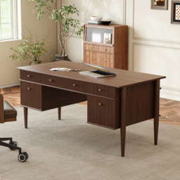 Mid-Century Solid Wood Home Office Desk with 6 Drawers Walnut Executive Writing Desk (160 cm) - thumbnail 2