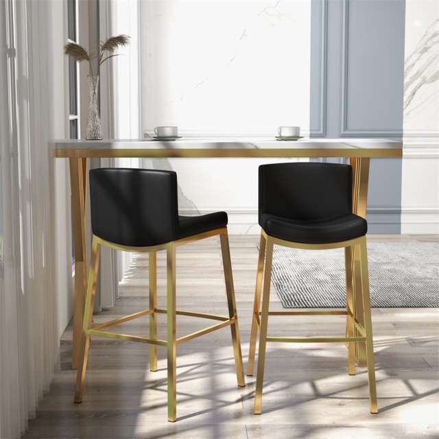 Modern Black Faux Leather Bar Height Bar Stools Set of 2 with Back & Footrest 762mm Gold Metal Frame Bar Height Chairs