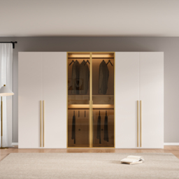Minimalist and luxurious 6-door wardrobe with glass display and lighting - thumbnail 3