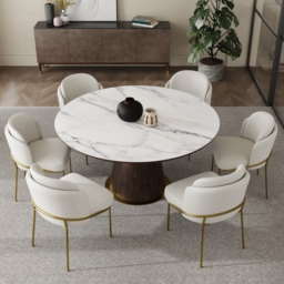 "59"" Round Marble Dining Table Sintered Stone Top for 6 Person Mid-Century Modern" - thumbnail 1