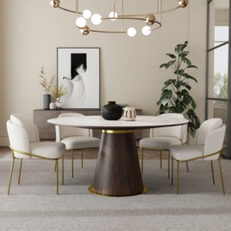"59"" Round Marble Dining Table Sintered Stone Top for 6 Person Mid-Century Modern" - thumbnail 3