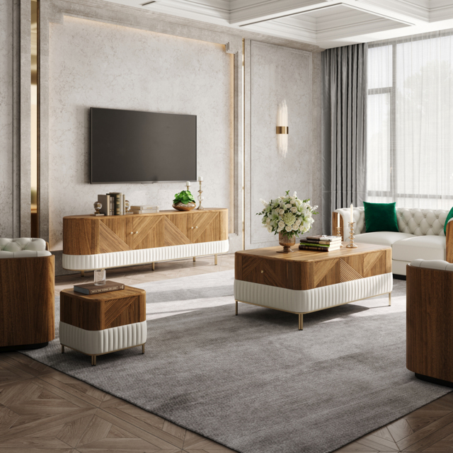 Wovent Walnut & Leather TV Stand & Coffee Table Set - image 1