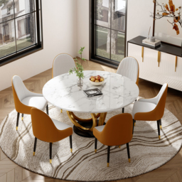 Round Dining Table Sintered Stone Top Gold & Black Pedestal for 6 Person Modern White