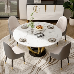 Round Dining Table Sintered Stone Top Gold & Black Pedestal for 6 Person Modern White - thumbnail 4