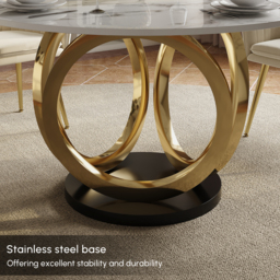 Round Dining Table Sintered Stone Top Gold & Black Pedestal for 6 Person Modern White - thumbnail 9