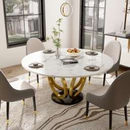 Round Dining Table Sintered Stone Top Gold & Black Pedestal for 6 Person Modern White - thumbnail 3
