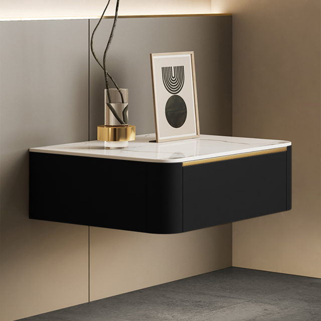 Modern Black Floating Bedside Table 1 Drawer Bedside Table with Sintered Stone Top - image 1