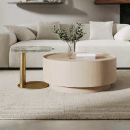 Set of 2 Round Nesting Coffee Table Set White Oak with 2 Drawers in White & Clear & Gold with Storage - thumbnail 1