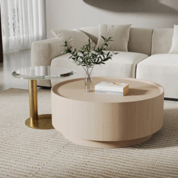 Set of 2 Round Nesting Coffee Table Set White Oak with 2 Drawers in White & Clear & Gold with Storage - thumbnail 2