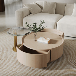 Set of 2 Round Nesting Coffee Table Set White Oak with 2 Drawers in White & Clear & Gold with Storage - thumbnail 3