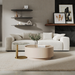 Set of 2 Round Nesting Coffee Table Set White Oak with 2 Drawers in White & Clear & Gold with Storage - thumbnail 4