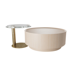Set of 2 Round Nesting Coffee Table Set White Oak with 2 Drawers in White & Clear & Gold with Storage - thumbnail 5