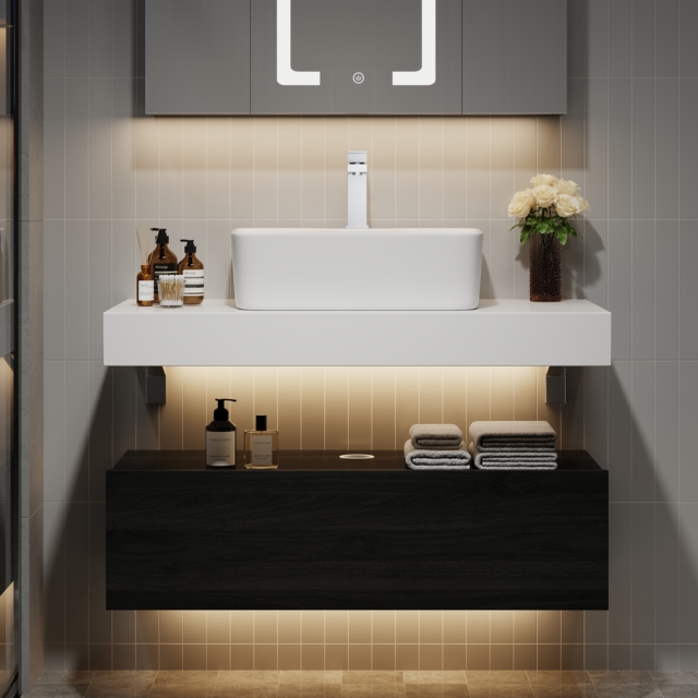 90 cm Floating Bathroom Vanity Set with Single Sink White and Black Modern Style - image 1