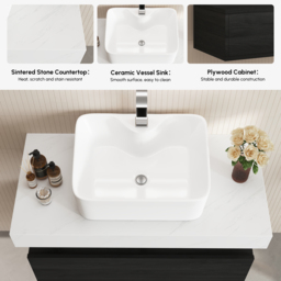 90 cm Floating Bathroom Vanity Set with Single Sink White and Black Modern Style - thumbnail 7