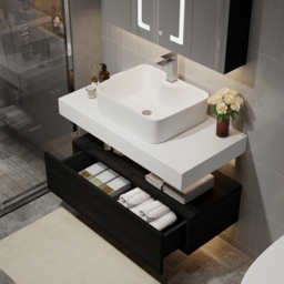 90 cm Floating Bathroom Vanity Set with Single Sink White and Black Modern Style - thumbnail 4