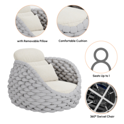 Cocaro Garden Aluminium & Rope Weave Swivel Lounge Chair in Grey & White - thumbnail 6
