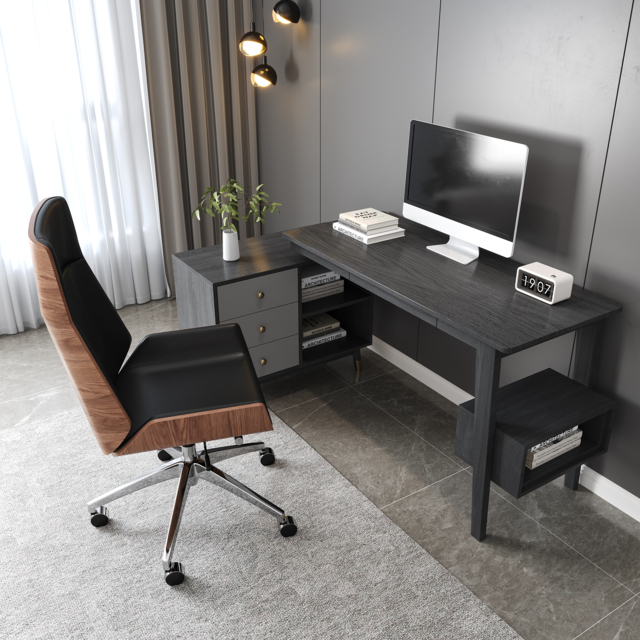 Ultic Gray Reversible L-Shaped Desk & Faux Leather Office Chair Set with Wheels - image 1